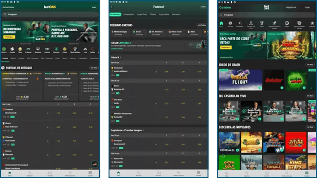 3 telas da app Bet365