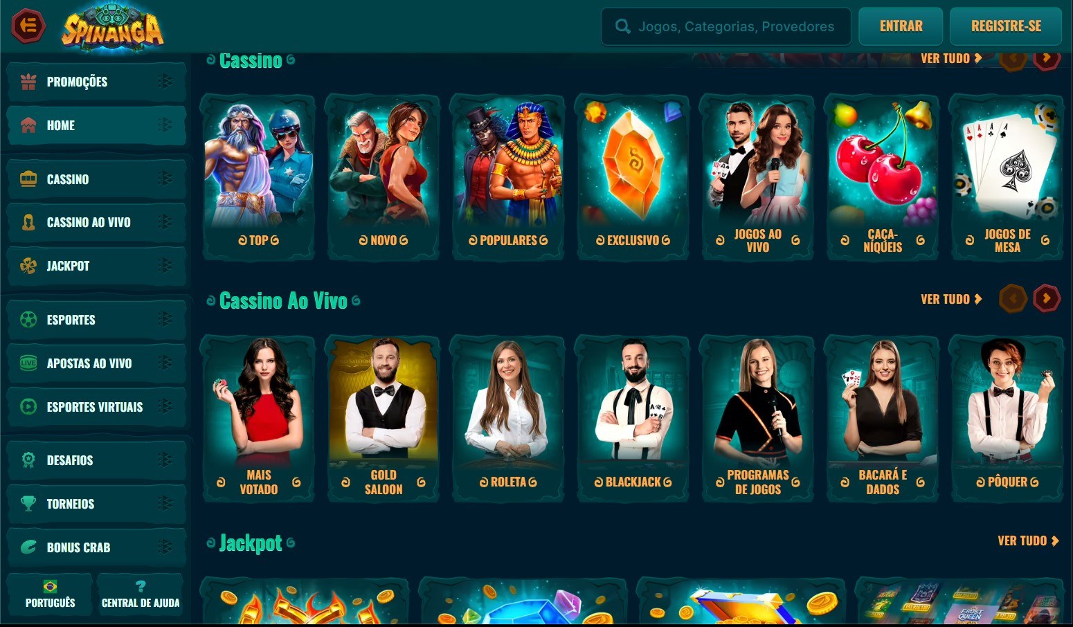 A homepage destaca todos os jogos de casino