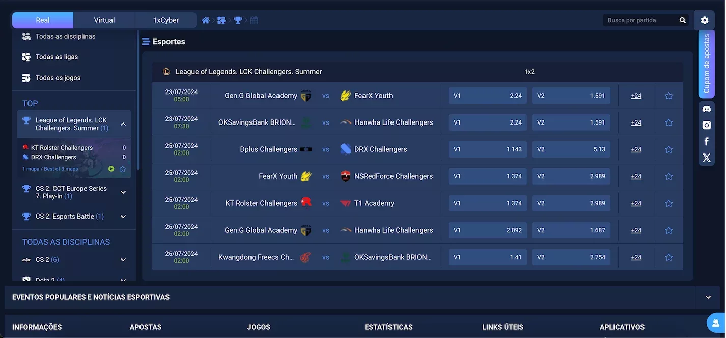 Apostas em LOL na 1x Bet