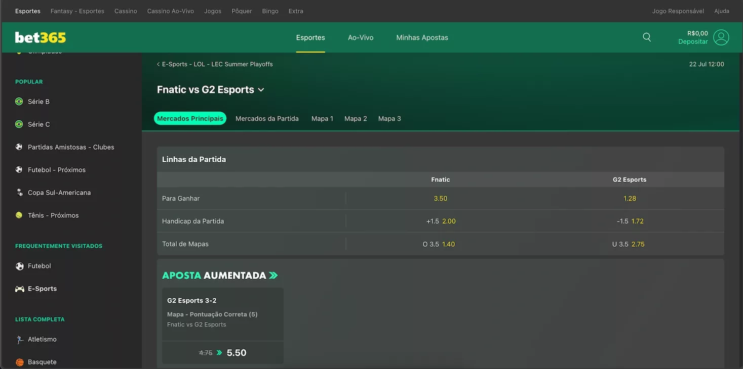 Apostas em LOL na Bet365
