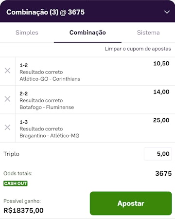 Bilhete de aposta multipla de 5 reais com 3 selecoes de placar exato