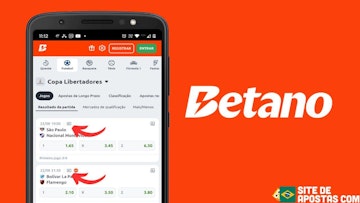Celular com a pagina de apostas da Betano com setas apontando para o icone de transmissao ao vivo