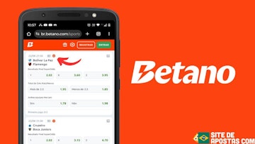 Celulare com a pagina de apostas da Betano com seta indicando o simbolo de Super Odds