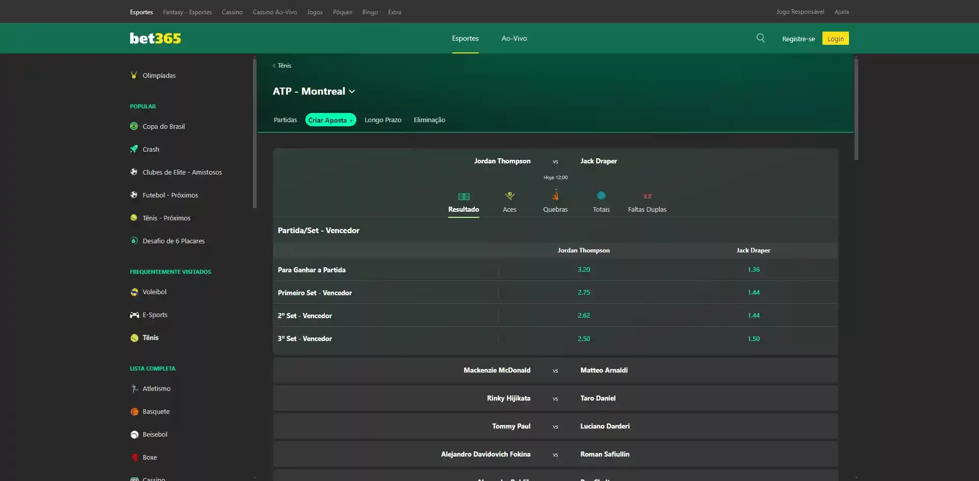 Criar Aposta em Tenis Bet365