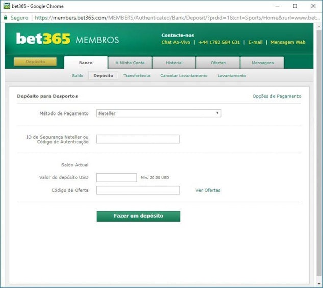Depósitos com cartão Bet365
