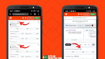 Dois celulares com a pagina de apostas da Betano com setas indicando o simbolo de Super Odds