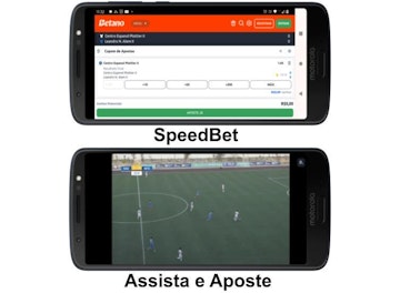 Dois celulares com telas de apostas ao vivo e transmissao de futebol da Betano