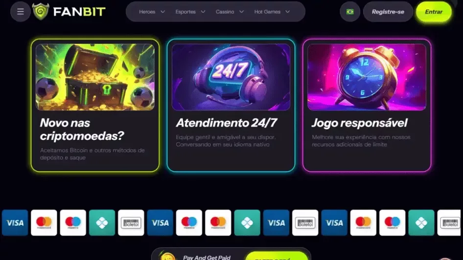 Homepage da Fanbit com referencia a criptomoedas