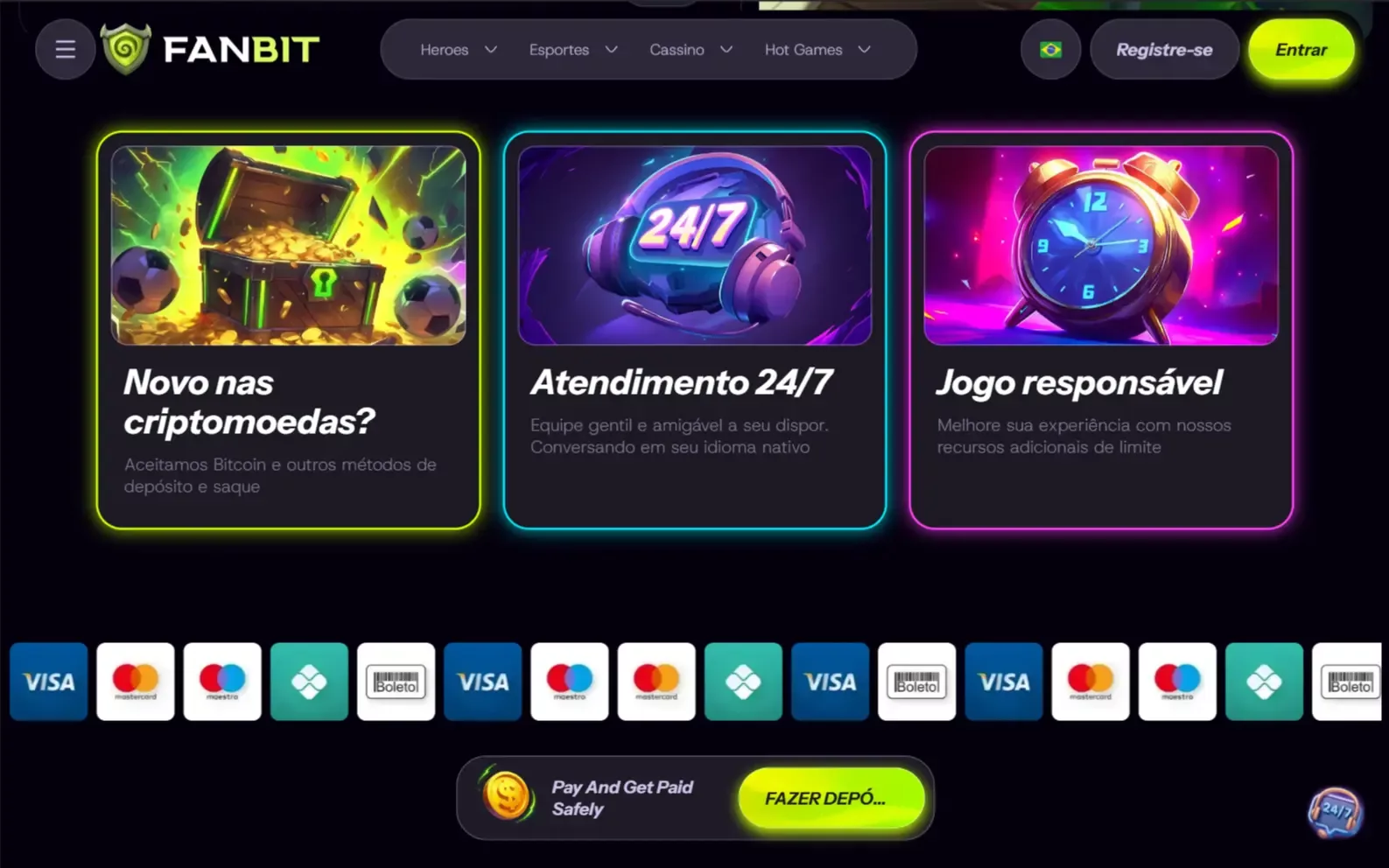 Homepage da Fanbit com referencia a criptomoedas