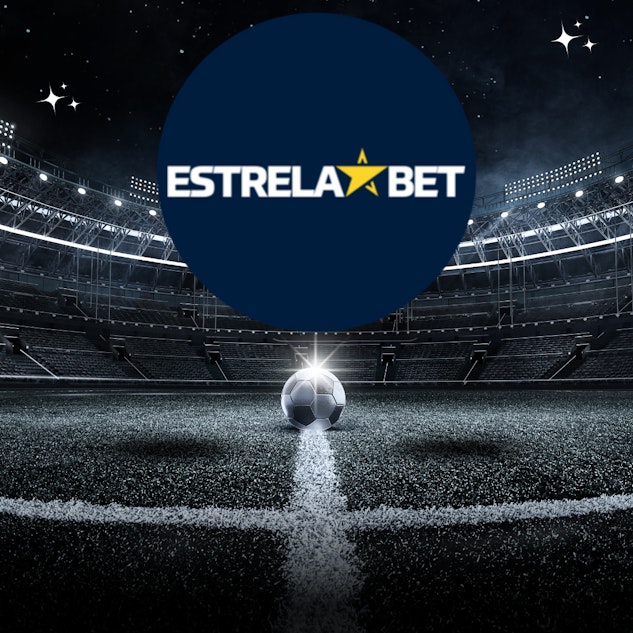 Ilustracao de um campo de futebol com a logo da Estrela Bet