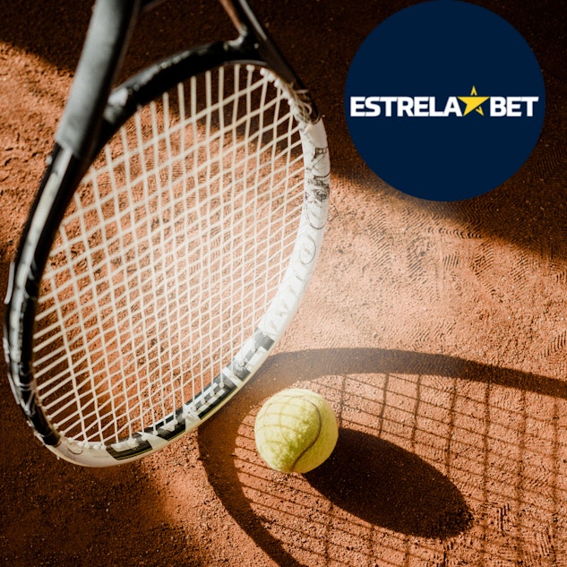 Ilustracao de uma raquete e uma bola de tenis com a logo da Estrela Bet