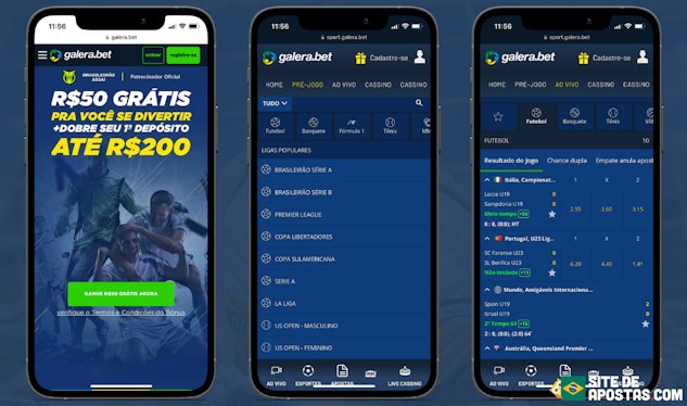 Imagem com tres celulares mostrando o site de apostas Galera bet
