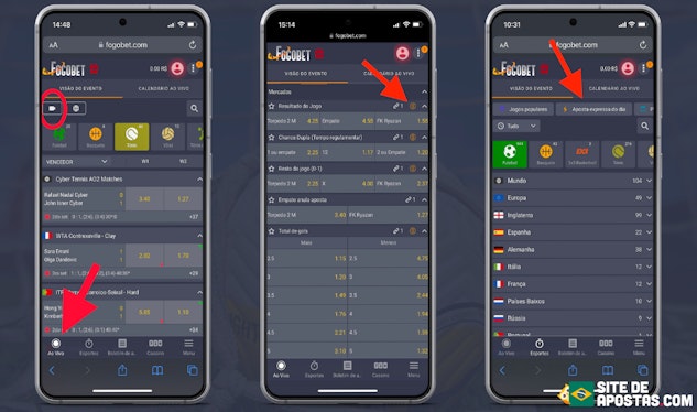 Imagem com tres celulares mostrando os recursos de apostas da Fogobet
