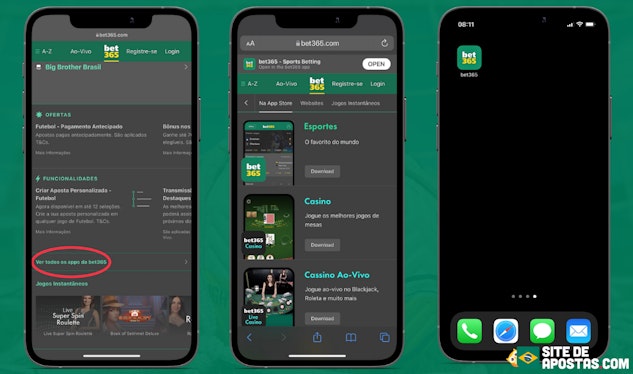 Imagem de tres celulares mostrando como baixar o Bet365 app