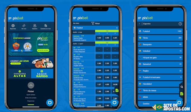 Imagem de tres celulares mostrando o Pixbet APK