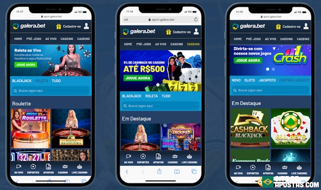 Imagem de tres celulares mostrando o cassino Galera bet