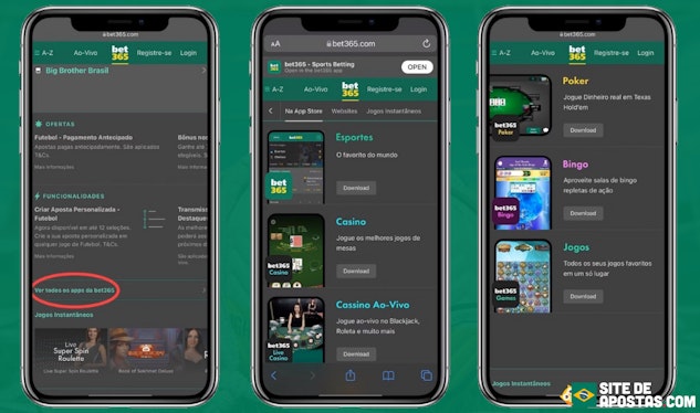 Imagem de tres celulares mostrando todos os aplicativos da Bet365