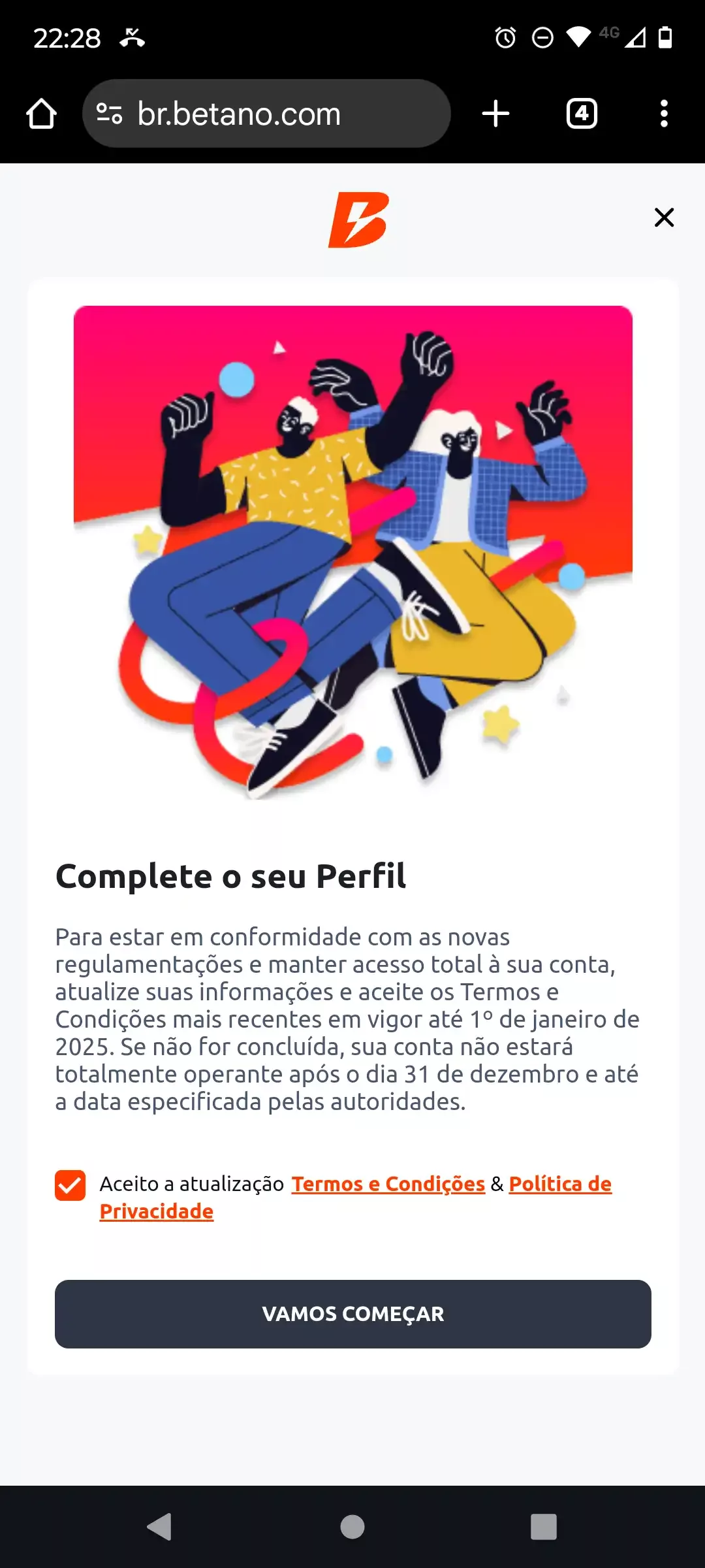 Inicio do processo na Betano