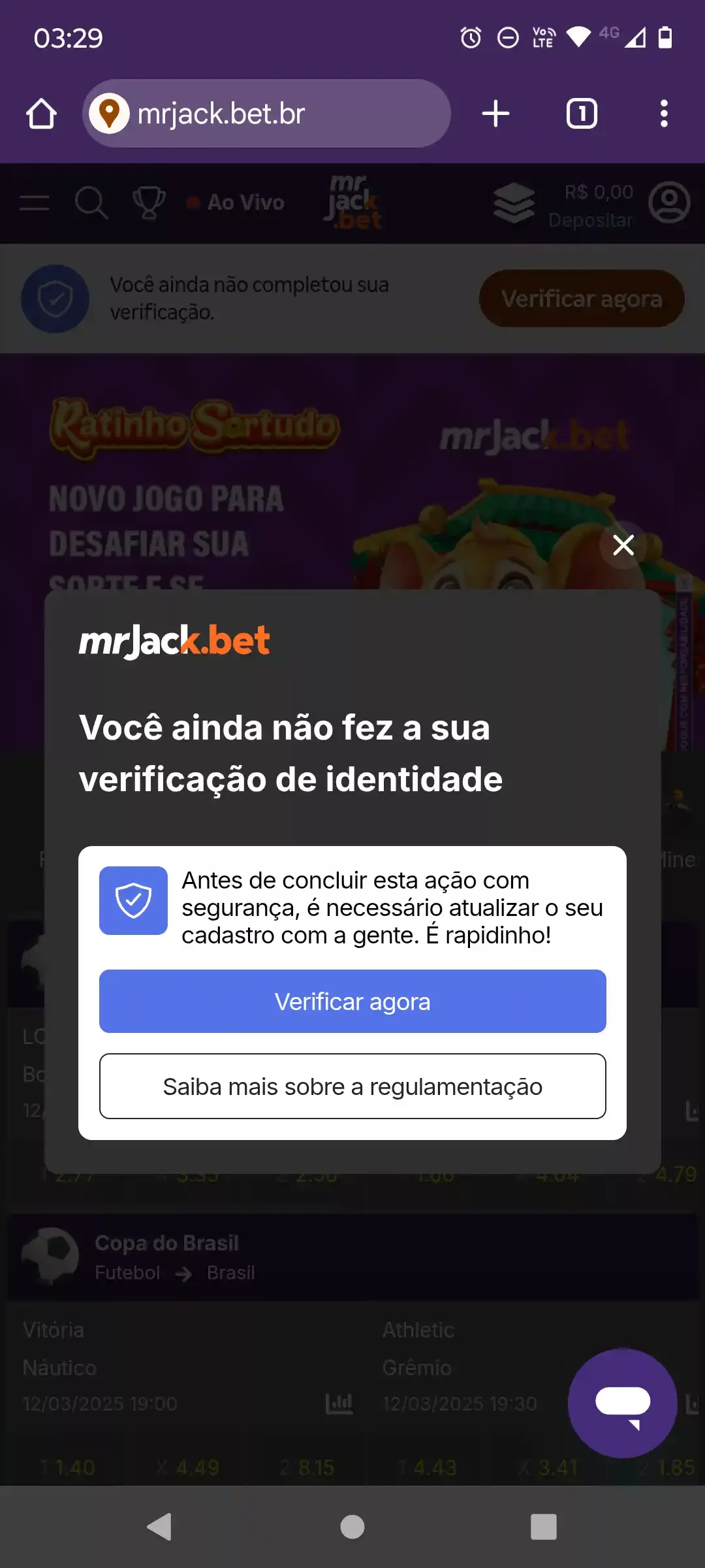 Inicio do processo na Mr Jack Bet