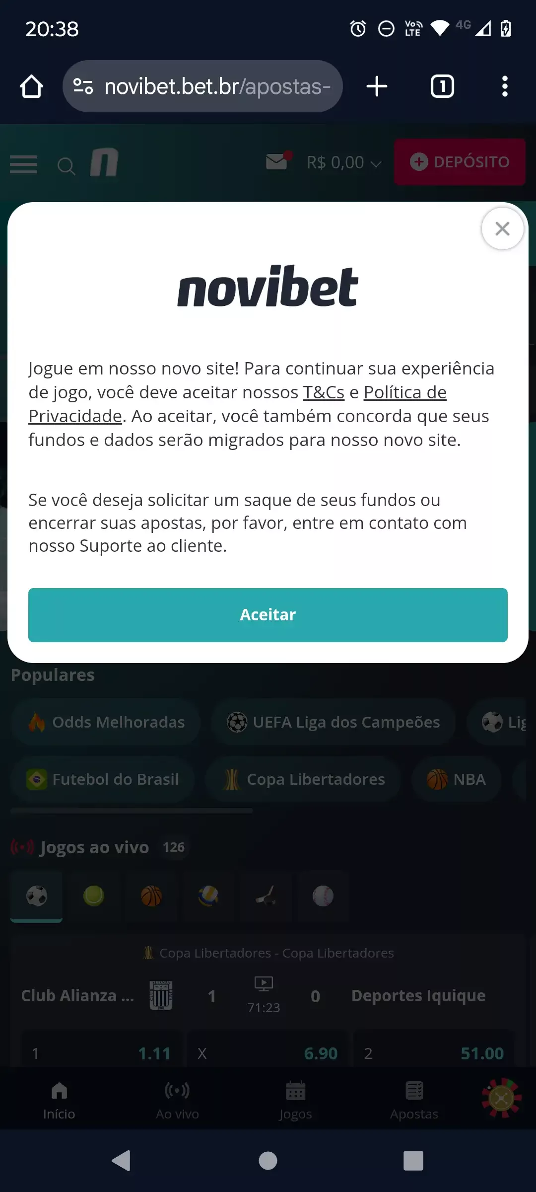 Inicio do processo na Novibet