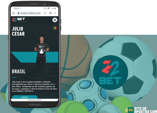 Mockup de celular com a pagina da 22bet de apresentacao do goleiro Julio Cesar