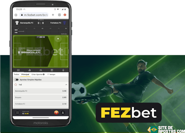 Mockup de celular com a pagina de aposta ao vivo em uma partida de futebol na Fezbet