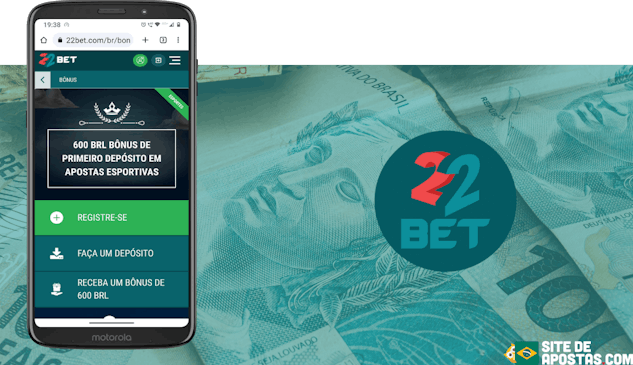 Mockup de celular com a pagina de bonus da 22bet e fundo com notas de reais