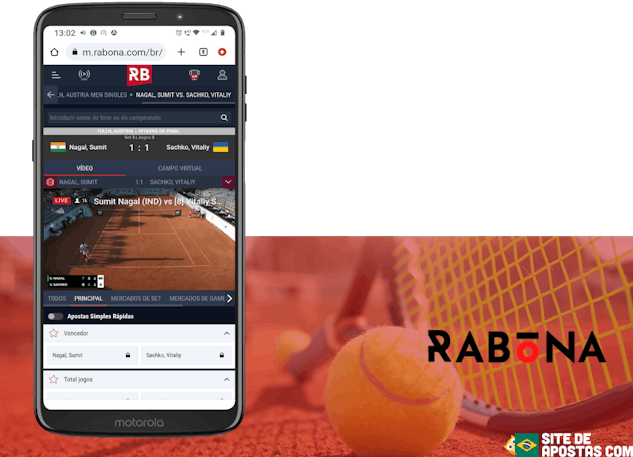 Mockup de celular com a pagina de uma partida de tenis transmitida ao vivo na Rabona