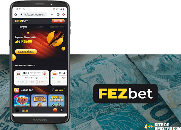 Mockup de celular com a pagina inicial com o bonus Fezbet