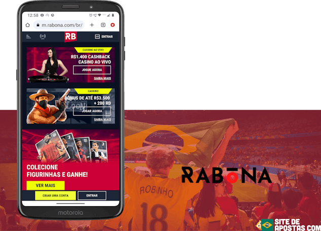 Mockup de celular com a pagina inicial da Rabona