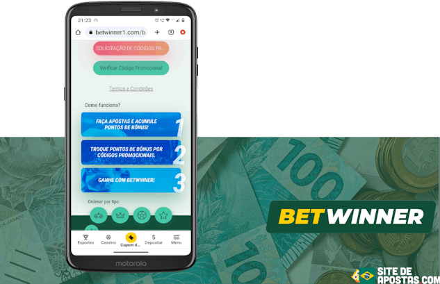 Mockup de celular com a pagina inicial da loja de codigos promocionais da Betwinner