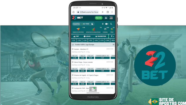 Mockup de celular com a pagina inicial das apostas esportivas da 22 Bet com a logo