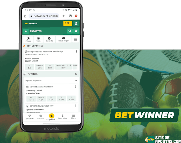 Mockup de celular com a pagina inicial de apostas esportivas da Betwinner