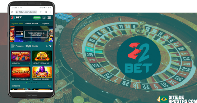 Mockup de celular com a pagina inicial do casino da 22bet com logo e fundo com uma roleta