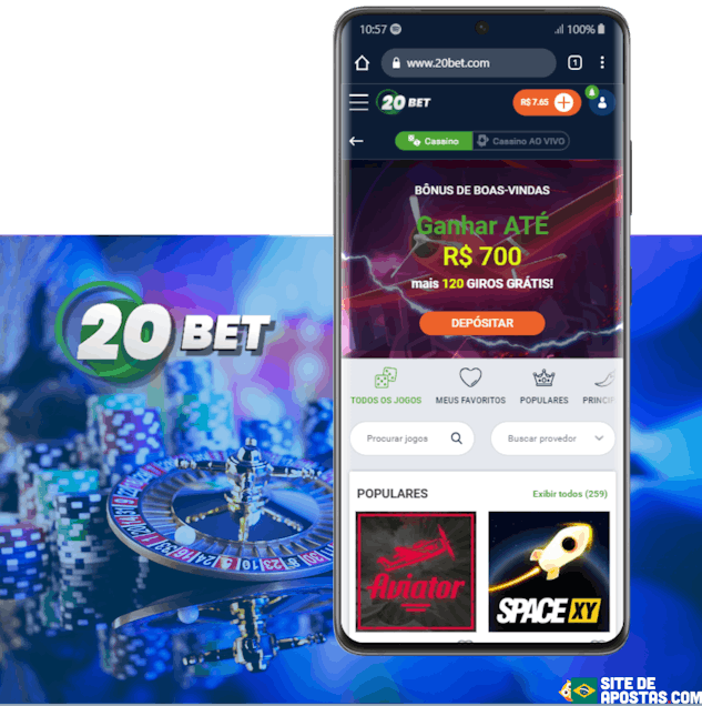 Mockup de celular com a pagina inicial do cassino e logo da 20 Bet