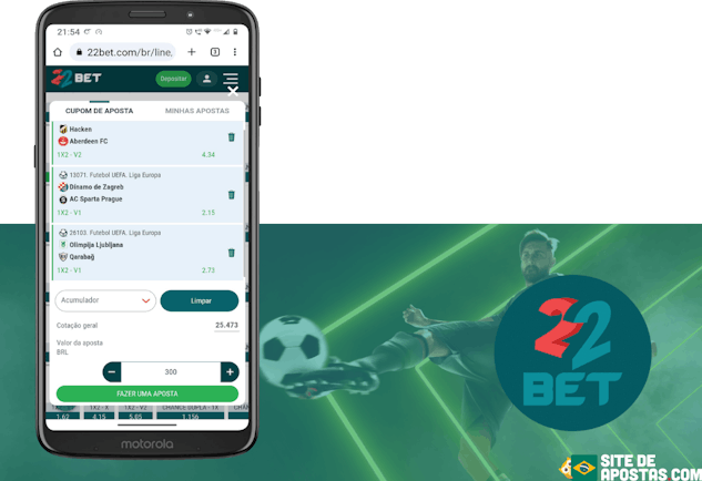 Mockup de celular com um bilhete de aposta multipla de 3 selecoes da 22bet
