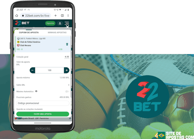 Mockup de celular com um bilhete de aposta simples da 22bet