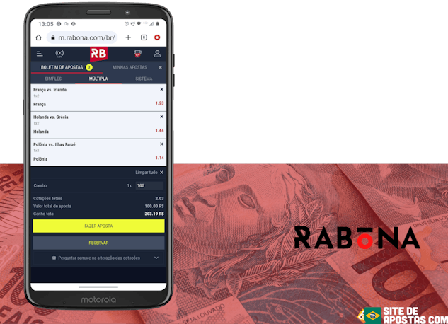 Mockup de celular com um bilhete de apostas multiplas na Rabona