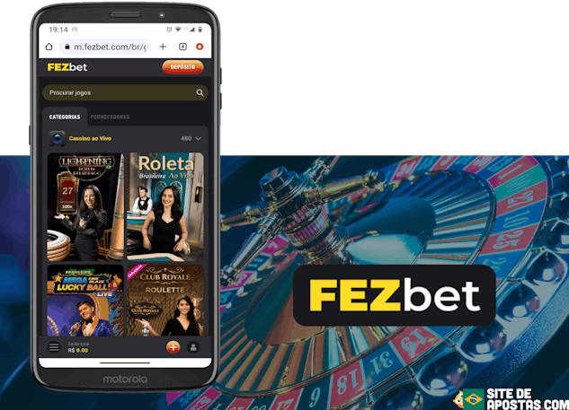Mockup de celular coma pagina inicial do casino ao vivo da Fezbet