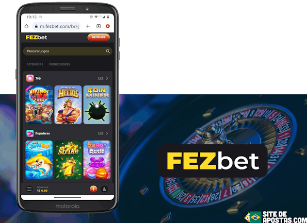 Mockup de celular coma pagina inicial do casino da Fezbet