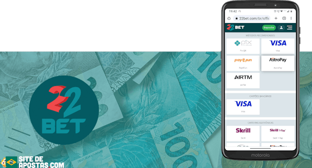 Mockup de celular mostrando os metodos de pagamento da 22 Bet com logo e fundo com notas de reais