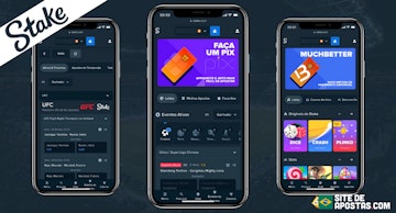 Mockup de tres celulares mostrando o site da Stake