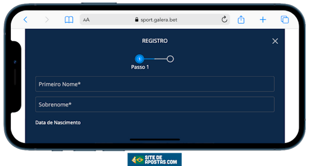 Mockup de um celular com a pagina de cadastro Galera bet