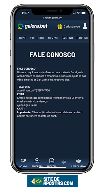 Mockup de um celular mostrando a pagina de atendimento ao usuario da Galera bet