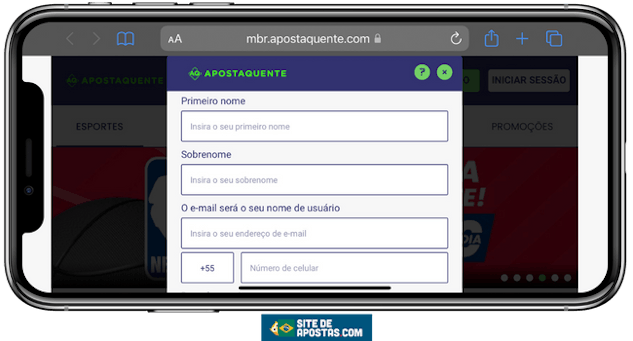 Mockup de um celular mostrando a pagina de cadastro da Apostaquente
