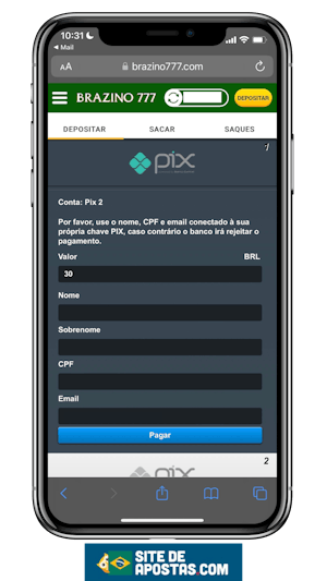 Mockup de um celular mostrando a pagina de deposito da Brazino 777