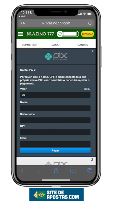 Mockup de um celular mostrando a pagina de deposito da Brazino 777