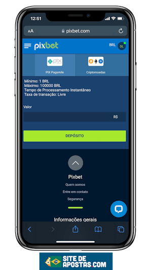 Mockup de um celular mostrando a pagina de deposito da Pixbet Brasil