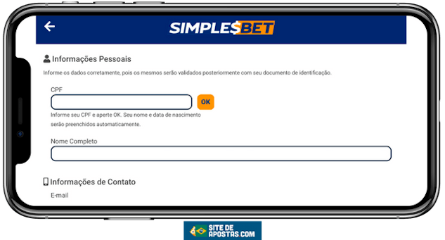Mockup de um celular mostrando a página de criar conta na SimplesBet
