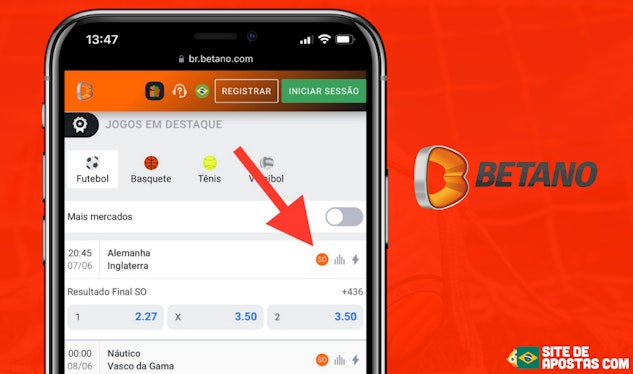 Mockup de um celular mostrando um seta apontada para o simbolo de Super Odds no site da betano
